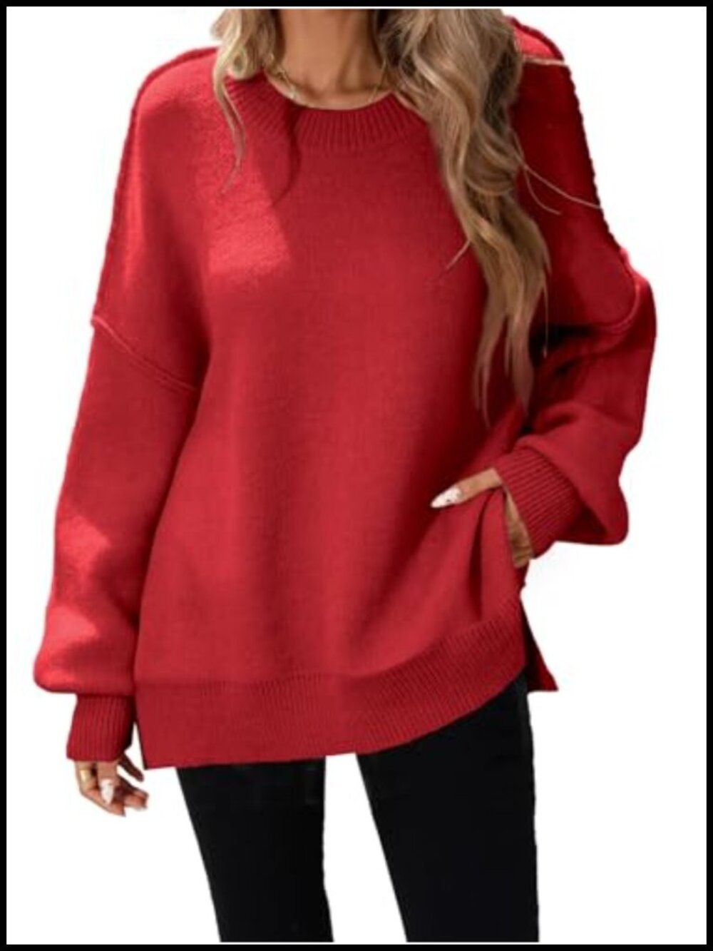 Oversized Batwing Sweater Women's Knit Pullover Crew Neck Side Slits